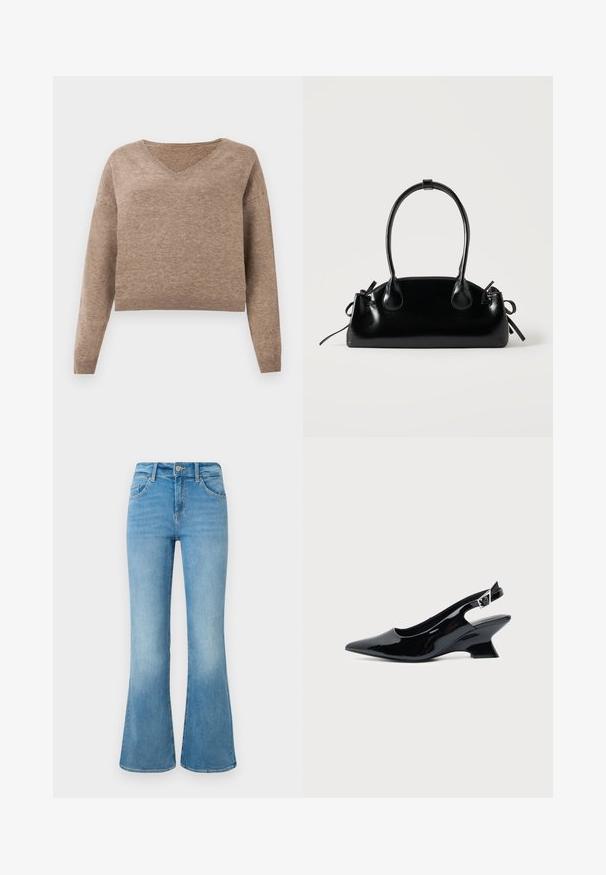 Pull en maille beige clair avec décolleté en V, manches longues et ourlet côtelé. Texture douce avec un design légèrement court et sans motifs visibles.; Jean flare en denim bleu clair avec poches avant, passants de ceinture et fermeture à bouton sur un fond blanc.; Chaussure slingback en cuir verni noir avec bout pointu et petit talon bloc incliné sur fond clair uni.; Petit sac à main noir brillant avec deux longues anses et des détails à cordon sur les côtés sur un fond clair uni.