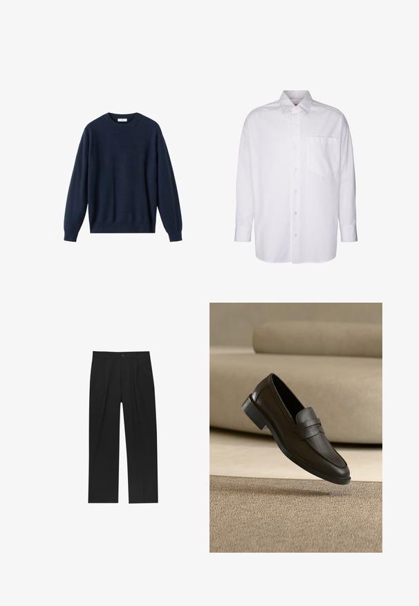 Pull tricoté bleu marine avec un col rond, des épaules tombantes et des poignets et un ourlet côtelés. Texture lisse et coupe décontractée.; Chemise blanche à manches longues en coton ; elle possède un devant à boutons, un col pointu et une poche sur la poitrine. Texture lisse, sans motifs.; Pantalons noirs au design droit, fabriqués à partir d'un tissu lisse. Dotés de plis sur le devant et d'une fermeture à un bouton à la taille.; Chaussure loafer en cuir noir reposant sur un tapis beige avec un canapé beige courbé en arrière-plan.