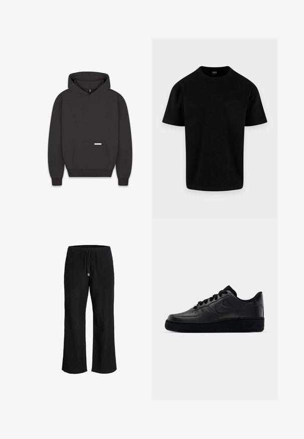 Sweatshirt noir avec capuche, poche avant, poignets et ourlet côtelés. Fabriqué en tissu doux avec une étiquette sur la poche. Design minimaliste.; T-shirt uni noir en coton à manches courtes, col rond et coupe régulière, présenté sur un fond gris clair.; Pantalon large noir avec taille élastique et cordon, fabriqué en tissu léger texturé.; Baskets Nike Air Force 1 noires avec un dessus en cuir lisse, bout perforé pour la respirabilité, lacets noirs et semelle en caoutchouc texturé.