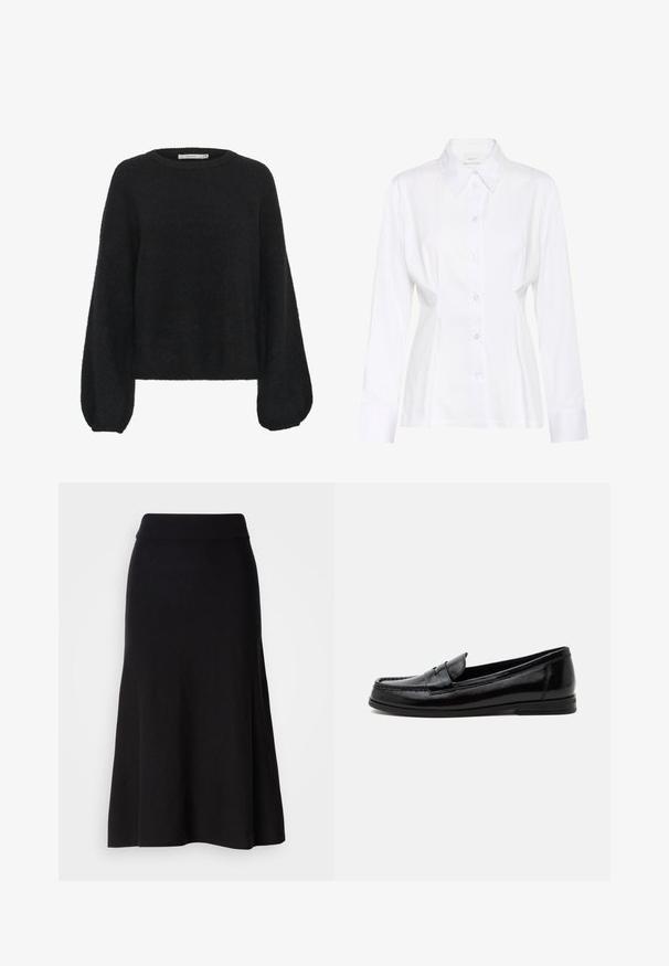 Gestuz ALPHA - Pullover - black; Blouse blanche à manches longues avec col pointu, taille cintrée et étiquette de marque visible "Gestuz" à l'intérieur du col.; Jupe évasée en tricot noir avec une large taille, longueur midi, texture lisse et sans motifs ni détails métalliques visibles.; Mocassin penny en cuir noir avec un petit talon et un bout arrondi, doté d'une finition lisse et brillante ainsi qu'une bride classique sur le dessus.