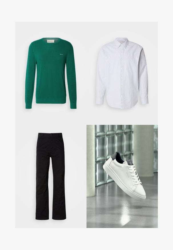 Pull en maille vert avec des manches longues, un col rond et un motif texturé. Présente un petit logo blanc sur la poitrine gauche.; Chemise blanche à manches longues en lin avec des rayures verticales bleues, dotée d'un bouton sur le devant et du logo « CALVIN KLEIN » en relief sur la poitrine.; Pantalons en coton noir avec une coupe droite, dotés d'une fermeture à bouton et de passants de ceinture. Texture lisse et style minimaliste sans motifs visibles.; Baskets en cuir blanc avec talon et languette noirs, design à lacets, marque GANT sur le côté et la languette, présentées dans un cadre intérieur moderne.