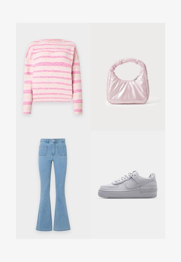Pull rayé rose et crème avec une texture côtelée, col ras du cou et épaules tombantes. Matériau doux avec des largeurs de rayures variées.; Jean flare bleu clair avec taille haute, cinq poches et une texture en denim lisse avec des détails cousus le long des coutures.; Basket en cuir lisse gris Nike Air Force 1 avec un bout perforé, une semelle épaisse et un détail 'AIR' en relief sur le talon.; Sac à main rose rembourré avec un design arrondi, fabriqué à partir d'un matériau brillant. Dispose d'une poignée froncée et d'une fermeture éclair pour un accès sécurisé.