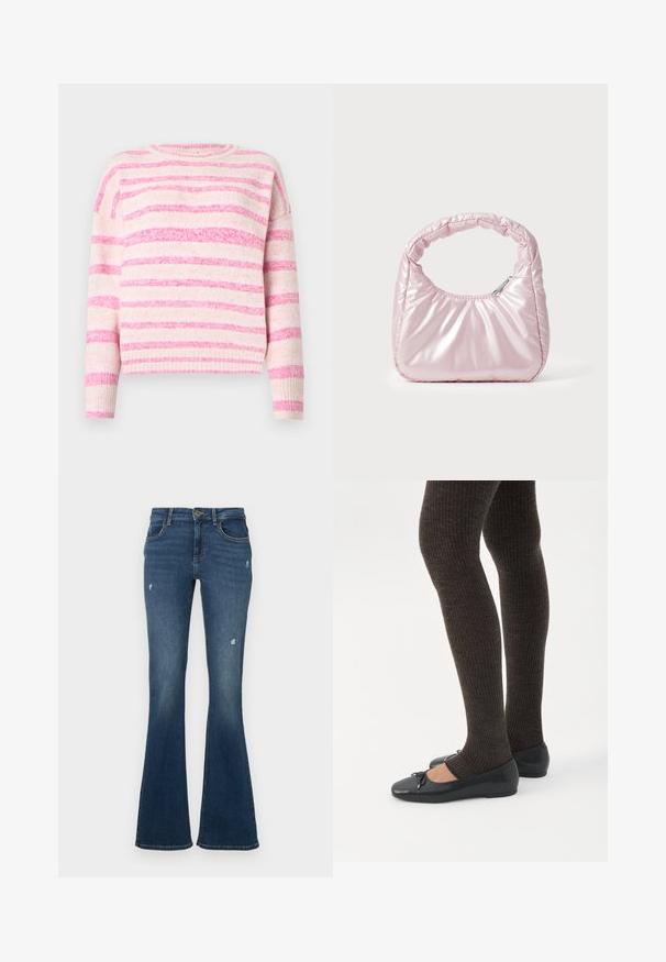 Pull rayé rose et crème avec une texture côtelée, col ras du cou et épaules tombantes. Matériau doux avec des largeurs de rayures variées.; Jean en denim évasé bleu foncé avec des patches usés. Comprend cinq poches et une fermeture éclair. Tissu de poids moyen avec une texture lisse.; Jambes portant des leggings côtelés foncés associés à des ballerines noires avec de petits détails en nœud sur fond blanc.; Sac à main rose rembourré avec un design arrondi, fabriqué à partir d'un matériau brillant. Dispose d'une poignée froncée et d'une fermeture éclair pour un accès sécurisé.