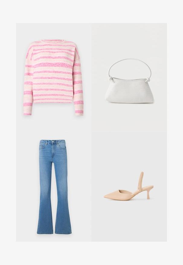 Pull rayé rose et crème avec une texture côtelée, col ras du cou et épaules tombantes. Matériau doux avec des largeurs de rayures variées.; Jean évasé en denim bleu clair avec une taille mi-haute, doté de poches avant et d'une fermeture à boutons. Texture lisse et design classique à cinq poches.; Chausson slingback beige à bout pointu avec un petit talon carré. Matériau synthétique lisse, côtés ouverts et détails de design minimalistes.; Sac à main en cuir tressé blanc avec poignée arrondie et extrémités de lanière nouées, présenté sur un fond uni.
