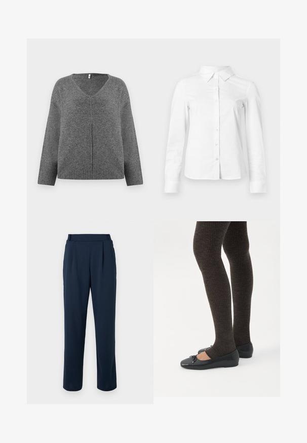 Pull gris en V à manches longues, fabriqué dans un matériau doux. Présente des détails côtelés aux poignets et à l'ourlet, avec une coupe ample et décontractée.; Chemise blanche à manches longues avec boutons, col pointu, ourlet droit et silhouette ajustée, présentée sur un fond clair uni.; Pantalon bleu marine à coupe droite, avec une taille haute, des plis, et une texture lisse et douce. Aucun élément métallique visible ni motif.; Jambes portant des leggings côtelés foncés associés à des ballerines noires avec de petits détails en nœud sur fond blanc.