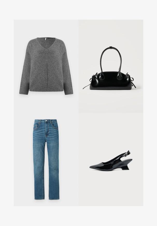 Grå V-hals sweater med lange ærmer, lavet af blødt materiale. Har ribbet detaljering ved handsker og kant, med en løs og afslappet pasform.; Blå straight-leg jeans med fem lommer, knaplukning og diskrete horisontale falmede mønstre på den øverste front.; Sort laklæder slingback sko med spids tå og lav vinklet blokhæl på ensartet lys baggrund.; Lille sort blank håndtaske med to lange håndtag og snøre-detaljer i siden på en ensfarvet lys baggrund.