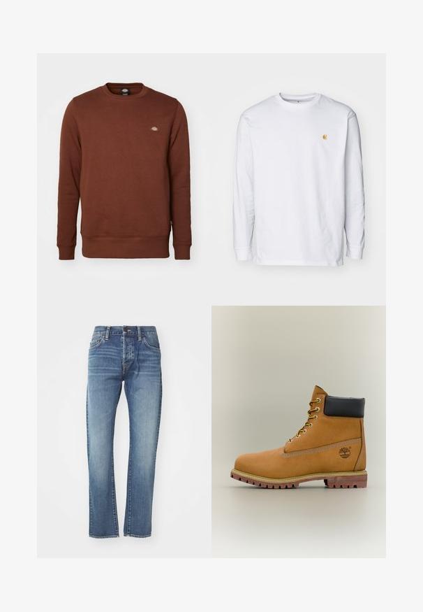 Dickies OAKPORT - Sweatshirt - cappuccino; T-shirt à manches longues blanc en coton. Présente un petit logo doré sur la poitrine et un col rond. Design simple et coupe standard.; Jean en denim bleu avec une coupe droite, dotés d'un lavage moyen, de cinq poches et d'une légère décoloration. Comprend une taille classique et des passants de ceinture.; Bottine en cuir marron avec col noir, lacets jaunes et semelle beige. Présente un logo et des détails de couture blanche. Semelle extérieure à traction robuste.