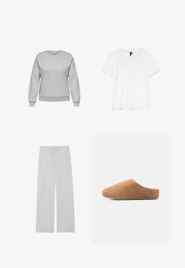 Grå sweatshirt lavet af en bomuldsblandingsmateriale, med en rund halsudskæring, lange ballonærmer samt ribbede manchetter og kant.; Hvid kortærmet t-shirt med rund halsudskæring, lavet af letvægtsstof. Enkel design, glat tekstur og lige kant.; Lys grå træningsbukser i blød bomuldsblanding, med en vidde ben-design, elastisk talje med justerbar snor og uden lommer.; Tan ruskind slip-on hjemmesko med lukket tå, åben hæl, flad sål og lille UGG-logo på siden, vist i profil.