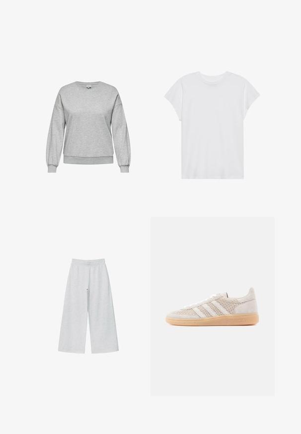 Sweat-shirt gris en mélange de coton, avec un col rond, des manches longues bouffantes, et des bord-côtes au niveau des poignets et de l'ourlet.; T-shirt blanc à manches courtes, col rond, coupe décontractée, en tissu de coton doux. Texture lisse, sans motifs ni logos.; Pantalons larges gris clair en tissu doux avec une taille élastique. Le design présente une coupe ample pour un confort et une liberté de mouvement.; Baskets en daim beige clair avec détails en mesh, trois bandes blanches et semelle en caoutchouc gomme. Dotées d'une fermeture à lacets et d'accents de marque.