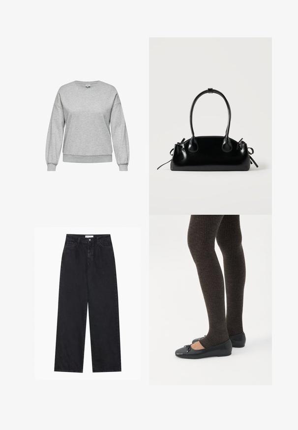 Sweat-shirt gris en mélange de coton, avec un col rond, des manches longues bouffantes, et des bord-côtes au niveau des poignets et de l'ourlet.; Jeans en denim noirs taille haute à jambes larges avec fermeture à bouton et zip à l'avant, passants de ceinture et style à cinq poches.; Jambes portant des leggings côtelés foncés associés à des ballerines noires avec de petits détails en nœud sur fond blanc.; Petit sac à main noir brillant avec deux longues anses et des détails à cordon sur les côtés sur un fond clair uni.