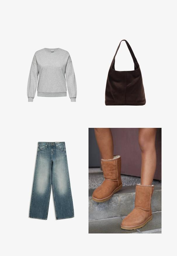 Sweat-shirt gris en mélange de coton, avec un col rond, des manches longues bouffantes, et des bord-côtes au niveau des poignets et de l'ourlet.; Jean large bleu avec zones avant des cuisses délavées, poches avant, passants de ceinture et fermeture par bouton.; Bottines en suede marron, à bout rond, avec une doublure douce et une semelle en caoutchouc, présentant des détails de couture visibles le long des coutures.; Sac à épaule en suède marron avec une large bandoulière plate. Design doux et non structuré avec une couture centrale. Pas de matériel ou d'ornements visibles.