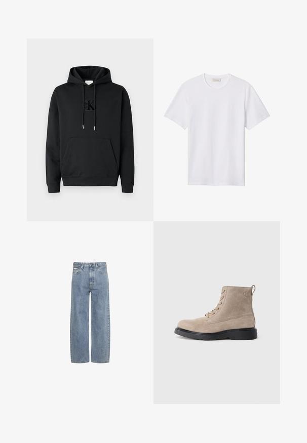 Sweat à capuche en coton noir avec une poche avant, une capuche à cordon de serrage et un logo Calvin Klein embossé sur la poitrine. Texture lisse, poignets côtelés.; T-shirt blanc uni à manches courtes avec col rond, doté d'un petit logo embossé sur la poitrine gauche et d'une étiquette de marque à l'intérieur du col.; Jean bleu clair droit avec fermeture éclair et bouton à l'avant, passants de ceinture et design cinq poches.; Bottines en daim beige avec semelle en caoutchouc noir, design à lacets, et un petit logo embossé sur le côté, avec une languette à l'arrière.