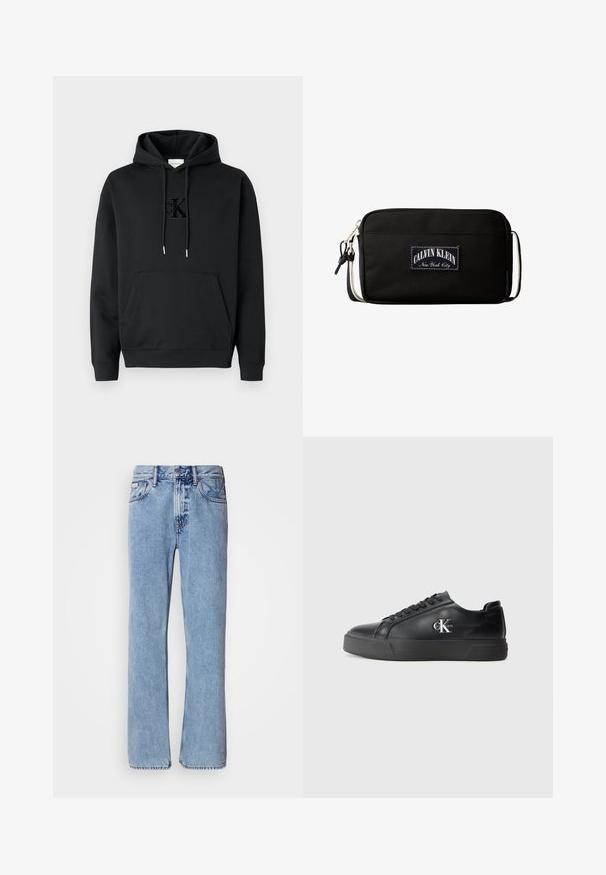 Sweat à capuche en coton noir avec une poche avant, une capuche à cordon de serrage et un logo Calvin Klein embossé sur la poitrine. Texture lisse, poignets côtelés.; Jean en denim bleu clair avec une coupe droite, cinq poches et une fermeture à bouton. Détails de couture près des poches et de la taille.; Baskets en cuir noir avec un bout arrondi, semelle plate noire et lacets ton sur ton. Présente un logo argenté sur le côté, texture lisse sur l'ensemble.; Sac bandoulière rectangulaire noir avec patch logo blanc "Calvin Klein New York City" et sangle réglable avec clip métallique.