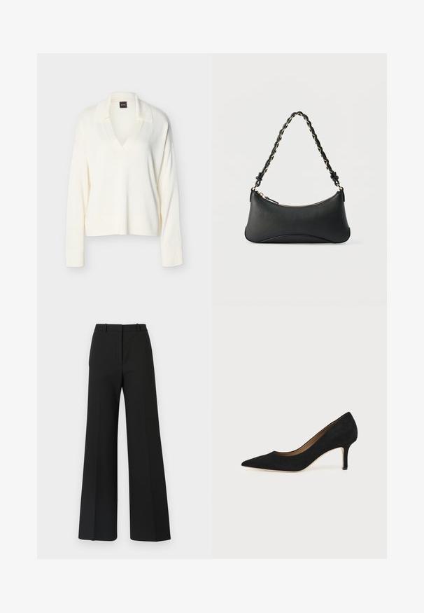 Pull en tricot blanc à manches longues avec col et encolure en V, poignets et ourlet côtelés, présenté sur un fond uni.; Pantalons black à jambes larges avec un design sur mesure, présentant une texture lisse et de subtils plis à l'avant. Pas de garnitures ou de motifs visibles.; Escarpin en daim noir à bout pointu avec un talon stiletto fin de hauteur moyenne et un design à coupe basse sur un fond uni.; Sac à bandoulière en cuir noir de forme rectangulaire incurvée, avec une chaîne dorée tissée dans la bandoulière noire tressée et une fermeture éclair sur le dessus.