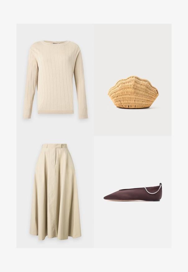 Pull beige à manches longues avec texture côtelée verticale, col rond, poignets et ourlet ajustés.; Jupe midi beige coupe trapèze avec une taille haute, une fermeture avant dissimulée et des détails de couture subtils, présentée sur un fond uni.; Chaussure plate marron foncé à bout pointu avec un petit talon et un détail chaîne en strass argentée à l'arrière.; Sac à main en rotin tissé en forme de coquille Saint-Jacques de couleur brun clair naturel avec des bords arrondis et texturés.