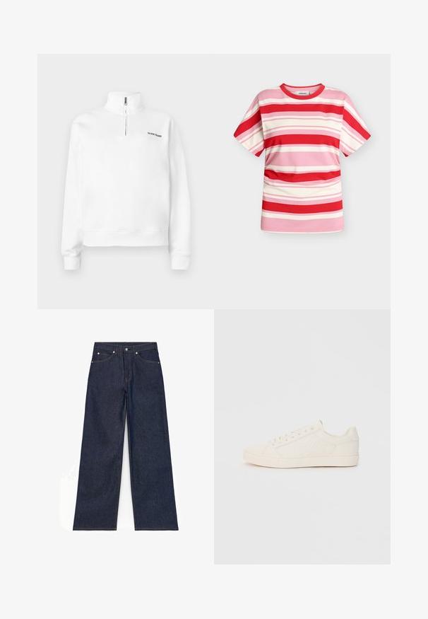 Valge poolkõrge kraega ja poole tõmblukuga pehme kampsun. Rinna peal on väike must logo ja varrukaotsad on ribadeta. Sile tekstuur.; Modström URBANMD STRIPE T-SHIRT - Trükipildiga T-särk - hibiscus peach stripe; Tume sinised laiade sääreosadega teksad esikääbiga, tõmblukuga ja esika tasku ning tagataskutega, valgel taustal lamades.; Kreemivärvi nahast tossud, millel on reljeefne logodesain, ümar varvas, lame talla ja kuus auku paelte jaoks.