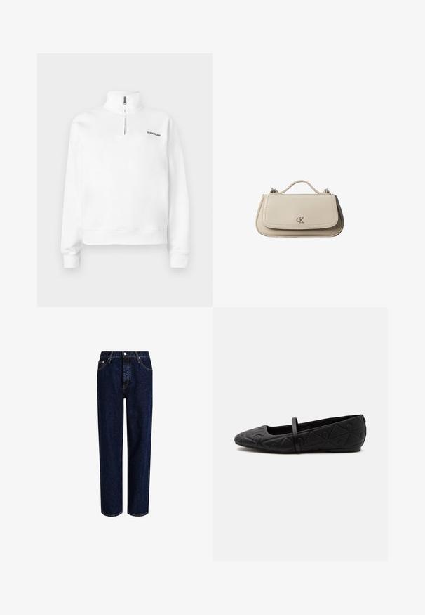 Hvid pullover sweatshirt med høj krave og halvlynlås. Har et lille sort logo på brystet og ribbede manchetter. Glat tekstur.; Mørkeblå denim jeans med lige ben-design, der har høj talje, fem-lomme-stil og kontrastsyninger. Ingen dekorationer.; Sort flad sko med rundet tå, præget geometrisk mønster og en enkelt tynd rem tværs over toppen, vist i sideprofil.; Lille beige læderhåndtaske med top håndtag og sølv CK-logo på frontklap, vist mod en hvid baggrund.