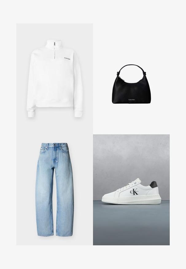 Weißer Pullover-Sweatshirt mit hohem Kragen und halbem Reißverschluss. Verfügt über ein kleines schwarzes Logo auf der Brust und gerippte Bündchen. Glatte Textur.; Hellblaue gerade geschnittene Jeans aus Denim mit fünf Taschen, Gürtelschlaufen und einem vorderen Knopfverschluss.; Weiße Low-Top-Sneaker mit schwarzem Fersenpatch, Plateau-Sohle, Schnürsenkeln und Calvin Klein "CK"-Logo an der Seite.; Schwarze, strukturierte Lederhandtasche mit einem Tragegurt und silbernem Calvin Klein-Logo auf der Vorderseite, Reißverschluss an der Seite.