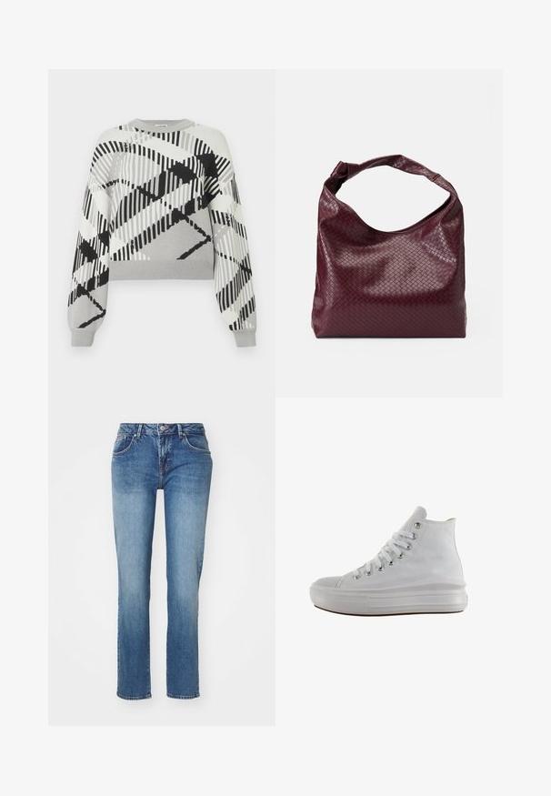 Grå sweater med et geometrisk sort og hvidt mønster, lange ærmer, runde halsudskæring og ribbet manchetter og kant.; Blå denimjeans med lige ben, der har et klassisk fem-lomme-design og en let falmet overflade. Detaljer inkluderer en knap og lynlås.; Hvid højt canvas sneaksko med hvide snørebånd, metaløjer, tyk gummisål og tekstureret tåhætte, vendt mod venstre på en hvid baggrund.; Burgunderfarvet taske med et tekstureret, vævet mønster, blødt lædermateriale og et enkelt, knyttet håndtag. Rummeligt, hobo-stil design.