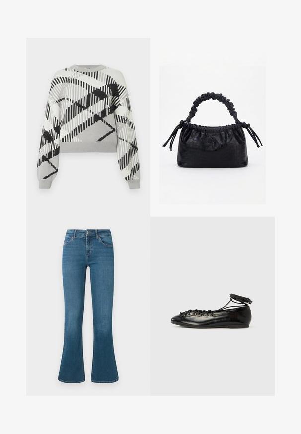 Pull gris avec un motif géométrique noir et blanc, manches longues, col rond, et poignets et ourlet côtelés.; Jean en denim bleu évasé avec une taille mi-haute, design à cinq poches et un subtil détail de couture. Texture lisse avec un lavage classique.; Ballerines en cuir verni noir avec un bout rond, un design à lacets et une semelle plate. Texture lisse avec peu de détails.; Sac à main noir avec texture crocodile, bord supérieur froncé, poignée plissée et pompons à cordon de chaque côté sur fond blanc.