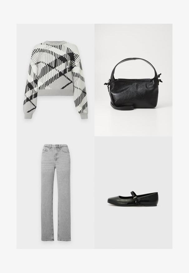 Grauer Sweater mit einem geometrischen schwarz-weißen Muster, langen Ärmeln, Rundhalsausschnitt und gerippten Bündchen sowie Saum.; Hellgraue Jeans mit geradem Bein, vorderem Knopf und Reißverschluss, Gürtelschlaufen und Fünf-Taschen-Design.; Schwarze Leder-Ballerinas mit einer runden Spitze, einer flachen Sohle und einem dünnen, verstellbaren Riemen über dem Spann mit einer Metallschnalle.; Schwarze Lederhandtasche mit strukturiertem Design, rundem Haltegriff und abnehmbarem Schulterriemen. Sie weist eine glatte Oberfläche und einen subtilen Glanz auf.