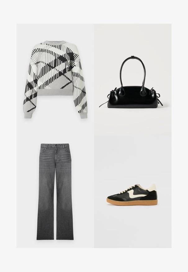 Pull gris avec un motif géométrique noir et blanc, manches longues, col rond, et poignets et ourlet côtelés.; Jean en denim gris à jambes larges avec un lavage moyen, présentant un design à cinq poches, une fermeture à bouton sur le devant et des détails de couture subtils.; Baskets en daim et cuir noir avec un swoosh latéral crème et un talon crème clair. Dotées de lacets beige et d'une semelle en caoutchouc gomme.; Petit sac à main noir brillant avec deux longues anses et des détails à cordon sur les côtés sur un fond clair uni.