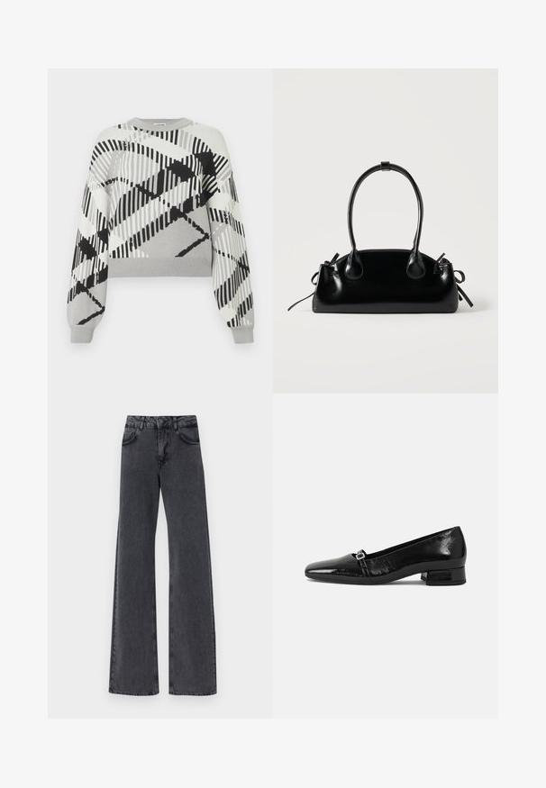 Grauer Sweater mit einem geometrischen schwarz-weißen Muster, langen Ärmeln, Rundhalsausschnitt und gerippten Bündchen sowie Saum.; Schwarze Denim Schlagjeans mit hoher Taille, ausgestattet mit zwei Vorderaschen und dezenten Steppdetails entlang der Nähte.; Schwarze Lackleder-Ballettschuhe mit spitzem Zehenbereich, niedrigem quadratischem Absatz und einem kleinen metallischen Schnallenakzent am Riemen. Glatte Textur.; Kleine schwarze glänzende Handtasche mit zwei langen Griffen und seitlichen Kordelzug-Details vor einfachem hellem Hintergrund.