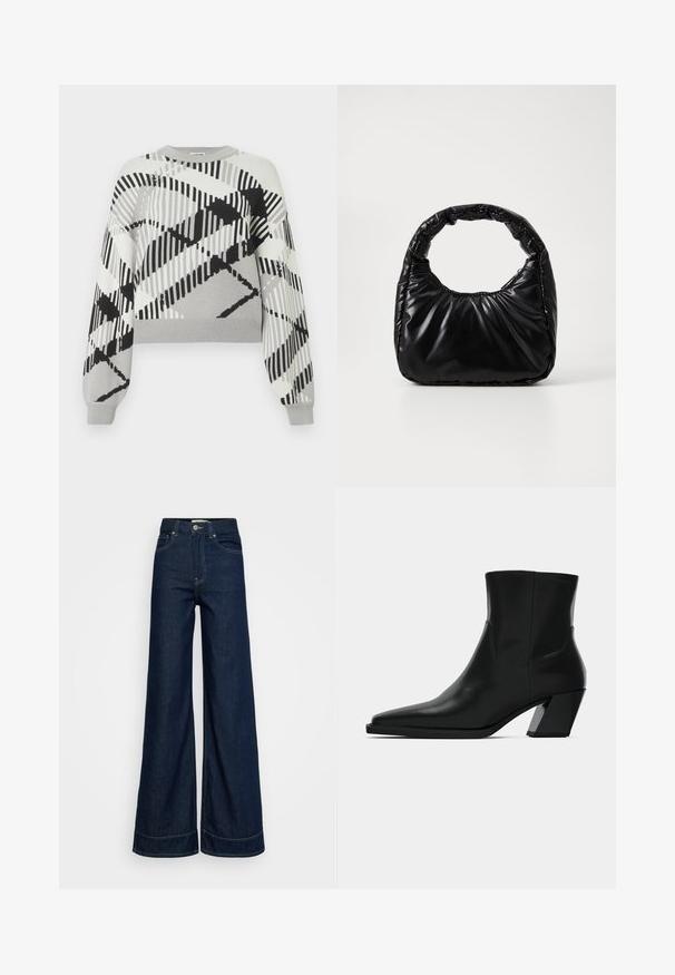 Pull gris avec un motif géométrique noir et blanc, manches longues, col rond, et poignets et ourlet côtelés.; Jeans large taille haute bleu foncé avec poches avant, passants de ceinture, fermeture bouton et coutures visibles sur un fond blanc.; Bottine en cuir noir avec un bout pointu, une silhouette élégante et un talon carré massif. Texture lisse avec des détails de couture minimalistes.; Sac à main noir rembourré avec une poignée arrondie, présentant une surface lisse et brillante ainsi qu'une texture douce et matelassée. Pas de quincaillerie ou d'accents visibles.