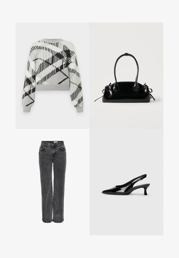 Pull gris avec un motif géométrique noir et blanc, manches longues, col rond, et poignets et ourlet côtelés.; Jeans en denim noir au design droit, avec poches avant, passants de ceinture et une texture légèrement délavée.; Escarpins en cuir verni noir avec un bout pointu et un petit talon carré. Sangle réglable à la cheville avec boucle.; Petit sac à main noir brillant avec deux longues anses et des détails à cordon sur les côtés sur un fond clair uni.
