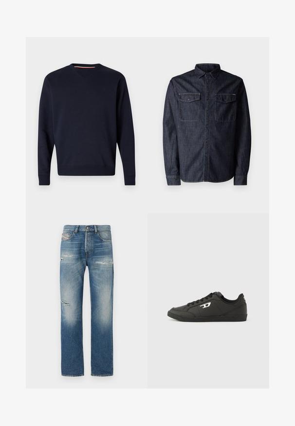Replay ESSENTIAL R CREWNECK - Sudadera - night blue; Replay Camisa - dark blue; Jeans de mezclilla azul claro con corte recto, que presentan áreas desgastadas y decoloración. Diseño estándar de cinco bolsillos con cierre de botón.; Zapatillas deportivas negras sintéticas con suela negra texturizada, puntera redonda y cordones planos negros. Destaca un logo blanco en el lateral exterior.