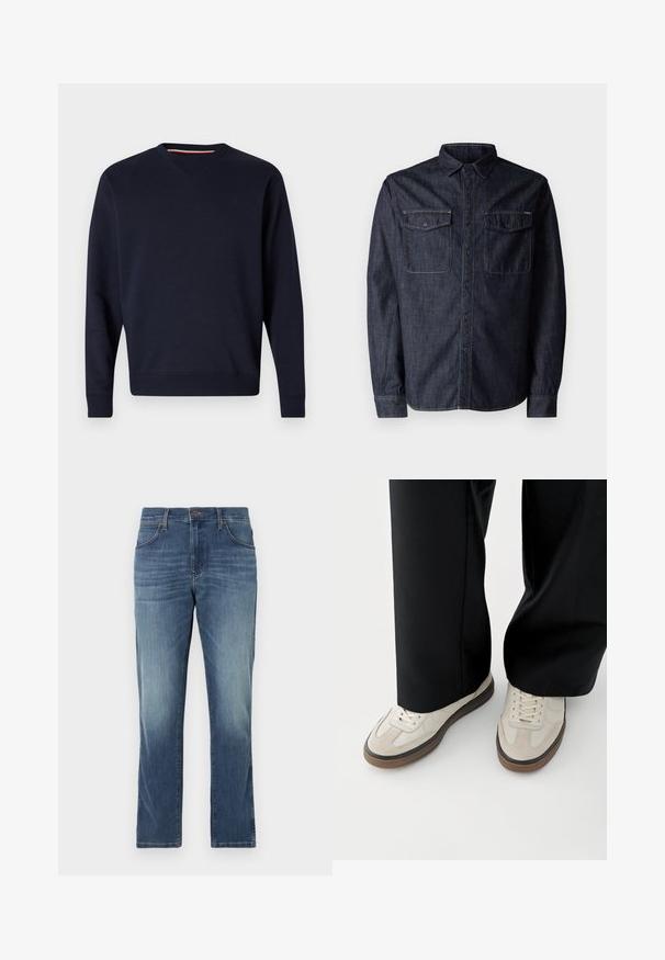 Replay ESSENTIAL R CREWNECK - Sudadera - night blue; Replay Camisa - dark blue; Vaqueros de mezclilla en un tono azul medio con corte recto, cinco bolsillos y un clásico cierre de botón y cremallera. Detalles descoloridos en los muslos.; Pies con zapatillas beige con suelas marrones y pantalones negros de pierna ancha sobre un fondo blanco.