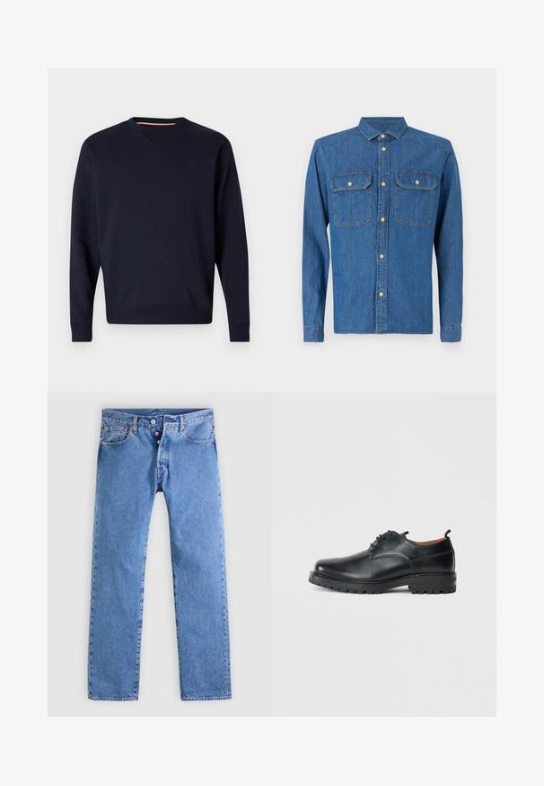 Replay ESSENTIAL R CREWNECK - Sweatshirt - night blue; Dunkelblaue Jeanshemd mit langen Ärmeln und geknöpften Manschetten, spitzem Kragen, zwei Brusttaschen und vorderem Knopfverschluss mit goldenen Beschlägen.; Hellblaue Jeans aus Denim mit geradem Bein, fünf Taschen und einem Zwei-Knopf-Verschluss. Sie zeichnen sich durch ein dezentes Verblassen und kontrastierende Nähte aus.; Schwarze Leder Derby-Schuhe mit glatter Textur, runder Zehenform, Schnürdesign und einer dicken, robusten Gummisohle.