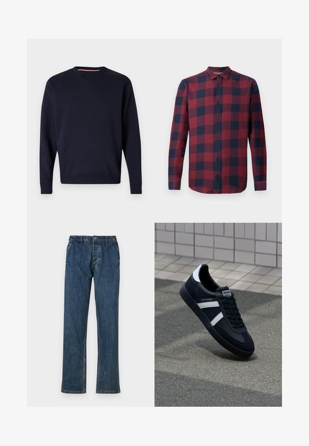 Replay ESSENTIAL R CREWNECK - Sudadera - night blue; Camisa de cuadros en rojo y azul marino de manga larga con cuello abotonado y botones oscuros. Fabricada con un tejido ligero de textura suave.; Jeans de mezclilla azul con corte recto, diseño de cinco bolsillos y cierre de botón. La tela presenta una sutil textura con acentos desgastados.; Zapatilla de cuero negra con rayas blancas, suela de goma texturizada y parte frontal con cordones. Cuenta con una etiqueta de marca en la lengüeta.