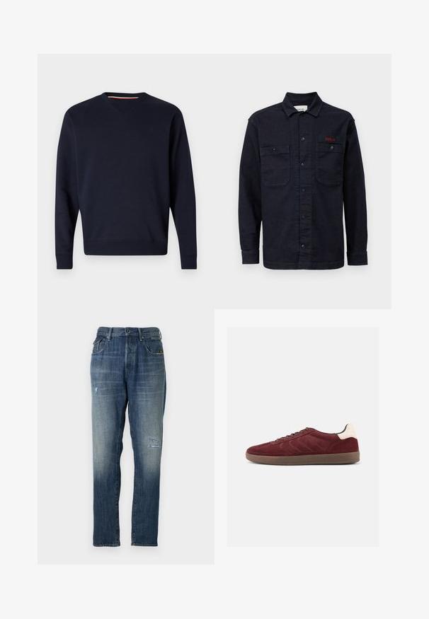 Replay ESSENTIAL R CREWNECK - Sudadera - night blue; Camisa de mezclilla azul oscuro con mangas largas, cierre frontal de botones, dos bolsillos en el pecho y un pequeño logo rojo "REPLAY" en el bolsillo izquierdo.; Jeans de mezclilla en un color azul deslavado, con un diseño de pierna recta, un desgaste moderado en la parte delantera y un estilo clásico de cinco bolsillos.; Zapatilla deportiva de ante color burdeos con cierre de cordones en la parte delantera, detalles texturizados en los laterales y acento en el talón de color claro. Suela de goma con acabado liso.