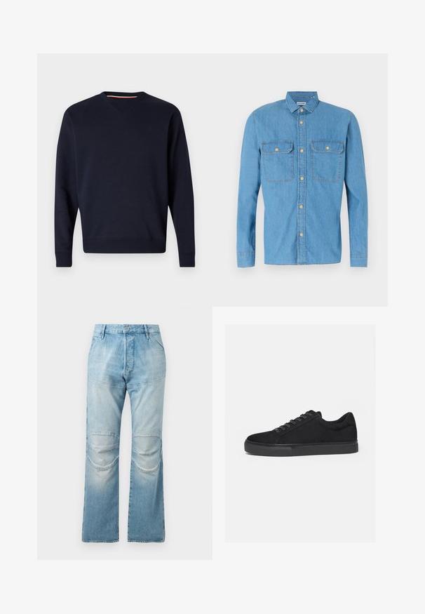 Replay ESSENTIAL R CREWNECK - Sweatshirt - night blue; Helles, blaues Jeanshemd mit langen Ärmeln, Knopfleiste, zwei Brusttaschen, spitzem Kragen und goldenen Knöpfen. Glatte Textur, lässiges Design.; Helle blaue, hochgeschnittene Jeans mit geradem Schnitt, ausgestattet mit Knieflicken und einer ausgewaschenen Textur. Metallknopfverschluss an der Taille.; Schwarzer Low-Top-Sneaker mit Schnürung vorne und flacher Gummisohle, seitlich auf weißem Hintergrund dargestellt.