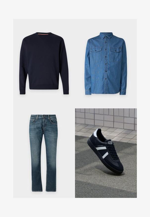 Replay Sudadera - night blue; Camisa de denim en azul medio, de manga larga, diseño de botones, con dos bolsillos en el pecho y un cuello. Presenta un logo en la parte delantera.; Jeans de mezclilla azul con un corte recto, lavado desgastado, diseño de cinco bolsillos y costuras en contraste. Cierre de botón y cremallera.; Zapatilla de cuero negra con rayas blancas, suela de goma texturizada y parte frontal con cordones. Cuenta con una etiqueta de marca en la lengüeta.