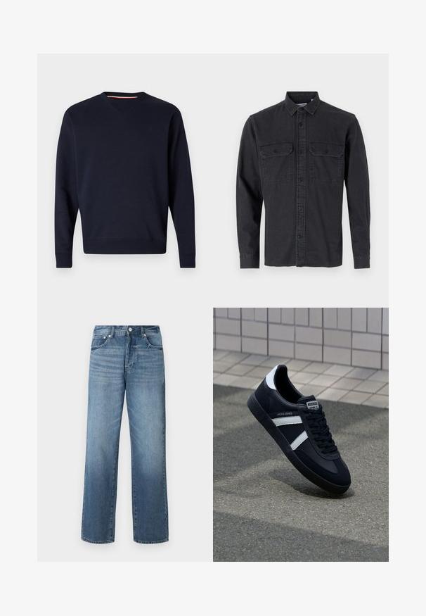 Replay ESSENTIAL R CREWNECK - Sweatshirt - night blue; Langärmliges, dunkelgraues Hemd mit Knöpfen aus Baumwollmischung, das über zwei Brusttaschen und ein klassisches Kragendesign verfügt.; Blaue Denim-Jeans mit geradem Bein, ausgestattet mit einer verwaschenen Optik, Gürtelschlaufen, fünf Taschen und einem klassischen Knopfverschluss.; Schwarze Leder-Sneaker mit weißen Streifen, strukturiertem Gummisohle und Schnürung. Verfügt über ein Markenetikett auf der Zunge.