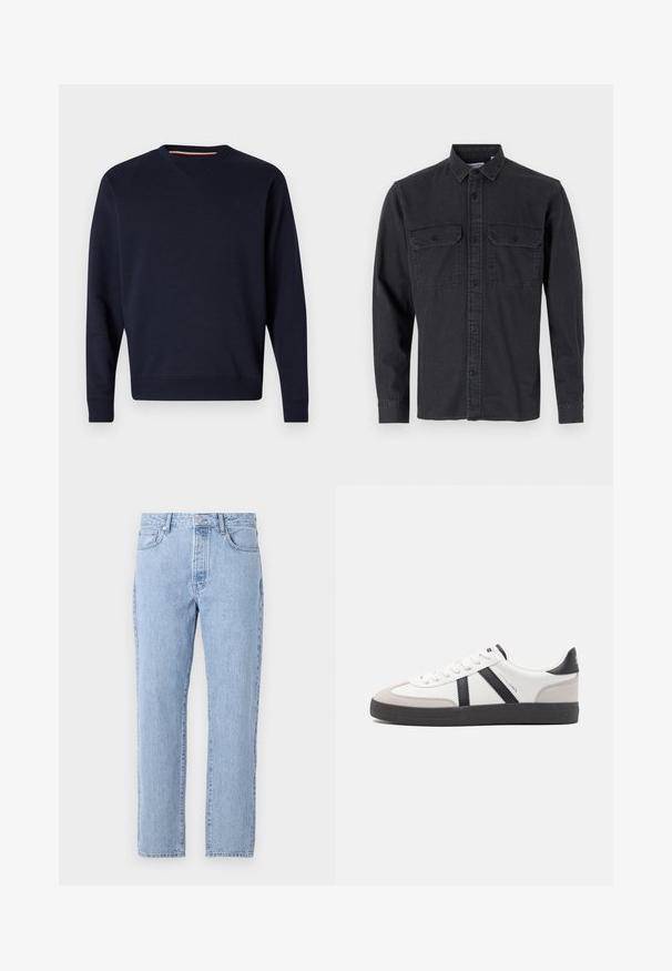 Replay ESSENTIAL R CREWNECK - Sudadera - night blue; Camisa de manga larga de color gris oscuro, con botones, hecha de una mezcla de algodón, que cuenta con dos bolsillos en el pecho y un diseño de cuello clásico.; Vaqueros de mezclilla de color azul claro con un diseño de pierna recta, cinco bolsillos y cierre de botones. Textura suave con un acabado clásico descolorido.; Zapatilla blanca con acentos en negro y gris, que presenta una puntera texturizada en gris, suela de goma negra y cordones planos blancos. Diseño limpio, estilo minimalista.