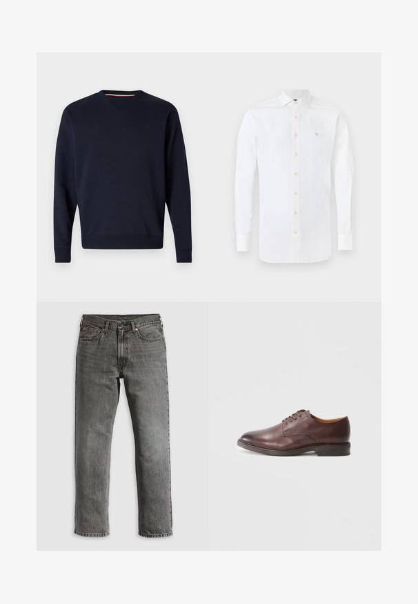 Replay Sudadera - night blue; Camisa blanca de manga larga confeccionada en algodón. Presenta un cierre frontal con botones, cuello con punta y un pequeño logo bordado en azul en el pecho.; Vaqueros de mezclilla gris con ajuste de pierna recta, que cuentan con cinco bolsillos, remaches de cobre y costuras visibles. Diseño clásico con cierre de cremallera.; Zapato formal para hombre de cuero marrón con cordones, acabado suave y tacón apilado sobre fondo blanco.