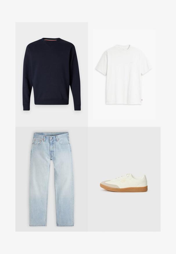 Replay ESSENTIAL R CREWNECK - Sudadera - night blue; Camiseta de algodón blanca con mangas cortas, cuello redondo y un sutil logo "Levi's" impreso en color claro en la parte frontal.; Vaqueros de mezclilla azul claro con un corte holgado, que incluyen cinco bolsillos, cierre de botones y sutiles detalles de costura en color naranja.; Zapatilla de cuero blanca con puntera beige y suela de goma marrón claro. Presenta cordones planos blancos y una marca en relieve en el lateral.
