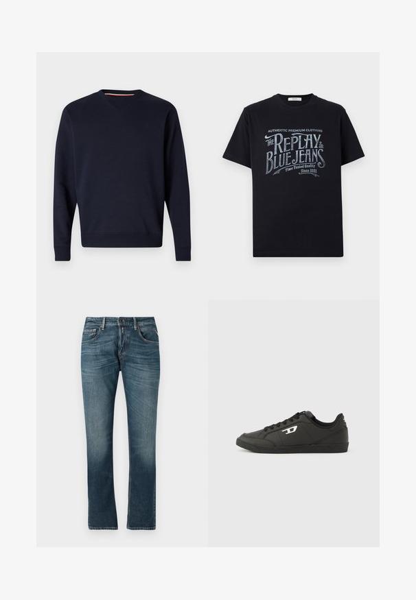 Replay ESSENTIAL R CREWNECK - Sudadera - night blue; Camiseta de algodón negra de manga corta y cuello redondo, con un diseño gráfico de texto en estilo vintage en blanco y azul claro en la parte frontal.; Jeans de mezclilla azul con un corte recto, lavado desgastado, diseño de cinco bolsillos y costuras en contraste. Cierre de botón y cremallera.; Zapatillas deportivas negras sintéticas con suela negra texturizada, puntera redonda y cordones planos negros. Destaca un logo blanco en el lateral exterior.