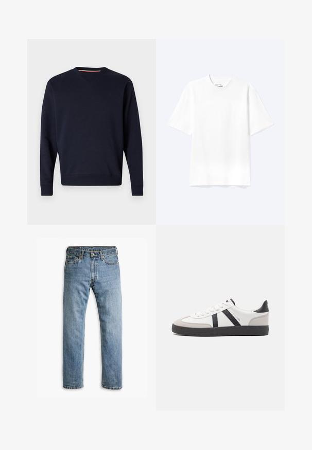 Replay ESSENTIAL R CREWNECK - Sudadera - night blue; Camiseta lisa blanca de manga corta y cuello redondo con un corte relajado, mostrada sobre un fondo claro.; Jeans de mezclilla azul de pierna recta con cinco bolsillos, pasadores para cinturón y cierre de botón de metal sobre un fondo blanco.; Zapatilla blanca con acentos en negro y gris, que presenta una puntera texturizada en gris, suela de goma negra y cordones planos blancos. Diseño limpio, estilo minimalista.