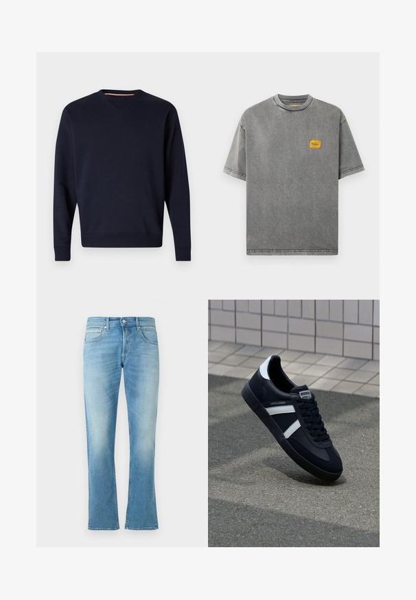 Replay ESSENTIAL R CREWNECK - Sudadera - night blue; Camiseta gris de corte holgado con mangas cortas, que presenta un pequeño parche de logo amarillo en el pecho y un cuello redondo. Textura suave.; Jeans de mezclilla azul claro con diseño de pierna acampanada, que cuentan con un diseño estándar de cinco bolsillos y cierre de botón. Textura suave y desvanecimiento sutil.; Zapatilla de cuero negra con rayas blancas, suela de goma texturizada y parte frontal con cordones. Cuenta con una etiqueta de marca en la lengüeta.