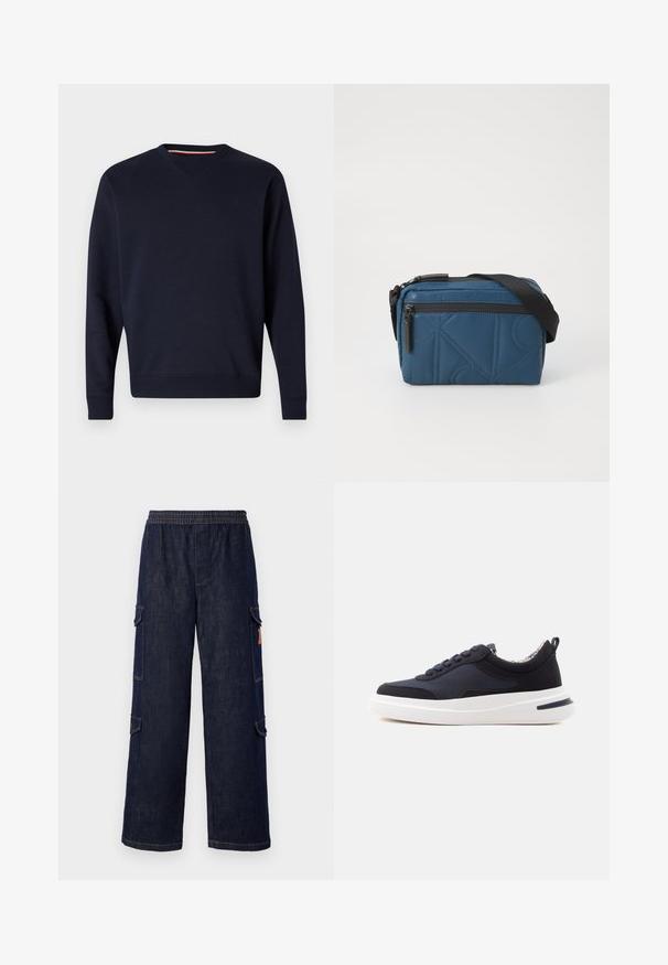 Replay Sweatshirt - night blue; Dunkelblaue Denim-Cargo-Hosen mit einem entspannten Schnitt, ausgestattet mit einem elastischen Bund, Seitentaschen und kontrastierenden Nähdetails.; Marineblauer Sneaker mit niedrigem Schnitt, schwarzen Akzenten, Stoff- und Synthetikmaterialien, weißer dicker Sohle und Zuglasche an der Ferse.; Blaue gesteppte Umhängetasche mit einem Reißverschluss, verstellbarem schwarzen Tragriemen und geometrischem Muster auf dem Stoff. Kompakte rechteckige Form.