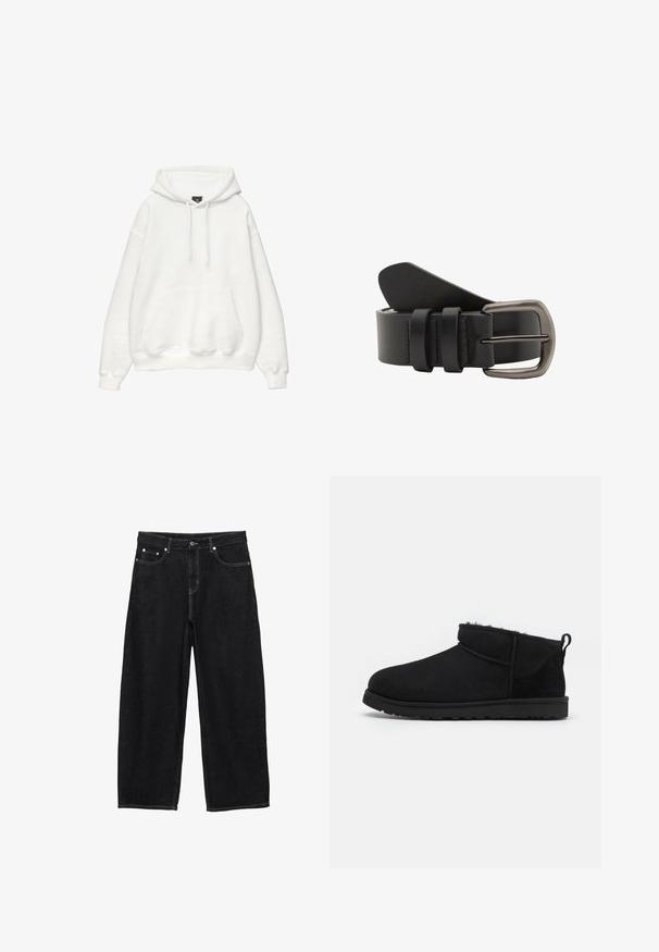 Haut à capuche blanc en mélange de coton doux. Il dispose d'une capuche avec cordon de serrage, d'une poche kangourou à l'avant et de bords côtelés aux poignets et à l'ourlet. Design simple et minimaliste.; Jean en denim noir à jambes larges avec poches avant, passants pour ceinture et fermeture par bouton.; Bottines noires en daim avec une doublure douce et texturée, une semelle en caoutchouc basse et une languette à l'arrière pour un enfilage facile.; Ceinture en cuir noir avec une texture lisse, une boucle métallique et trois passants pour un ajustement sécurisé.