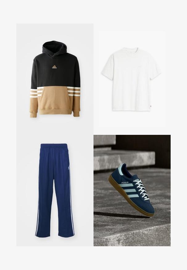 Hoody met een zwart bovenstuk en een beige onderstuk met witte gestreepte accenten op de mouwen, een kangaroo-zak en geborduurd logo.; Wit katoenen T-shirt met korte mouwen, ronde hals en een subtiel "Levi's" logo in een lichte kleur op de voorkant gedrukt.; Marineblauwe sportbroek met een ontspannen pasvorm, voorzien van witte zijstrepen en een elastische tailleband. Soepele stof, geen zichtbare patronen of hardware.; Blauwe Adidas Spezial sneaker met witte strepen en veters, gumzool, zwevend boven een ruwe betonnen oppervlakte en trappen op de achtergrond.