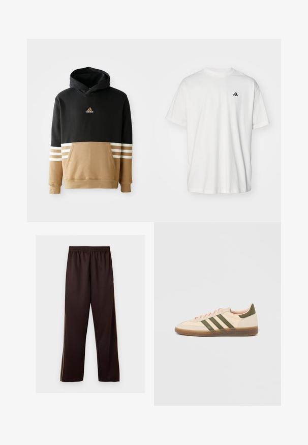 Hætte sweatshirt med sort overdel og beige underdel samt hvide stribede detaljer på ærmerne, kængurulomme og broderet logo.; Hvid bomulds t-shirt med korte ærmer, rund hals og et lille sort Adidas-logo på venstre bryst. Blød tekstur, afslappet pasform.; Mørkebrune vidde bukser med elastik i taljen og subtile lysebrune sidelister, vist mod en ensfarvet hvid baggrund.; Beige Adidas Spezial sneaker med lav profil, grønne striber, gummisål og "SPEZIAL"-branding på siden, vist fra ydersiden.