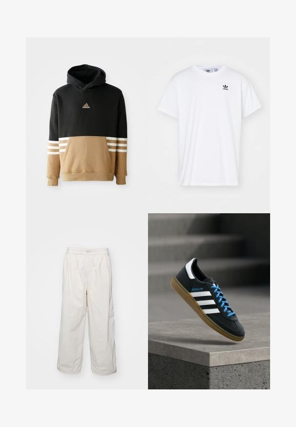 Hætte sweatshirt med sort overdel og beige underdel samt hvide stribede detaljer på ærmerne, kængurulomme og broderet logo.; Hvid bomulds T-shirt med korte ærmer, rund halsudskæring og et sort Adidas-logo med tre striber på venstre brystområde.; Hvide bomulds bukser med brede ben og elastisk talje, med en frontknaplukning og sidelommer. Glat tekstur og minimalistisk design.; Sort Adidas sneaker med hvide striber, blå snørebånd og gummisål, der svæver over gråt betontrin i blødt lys.