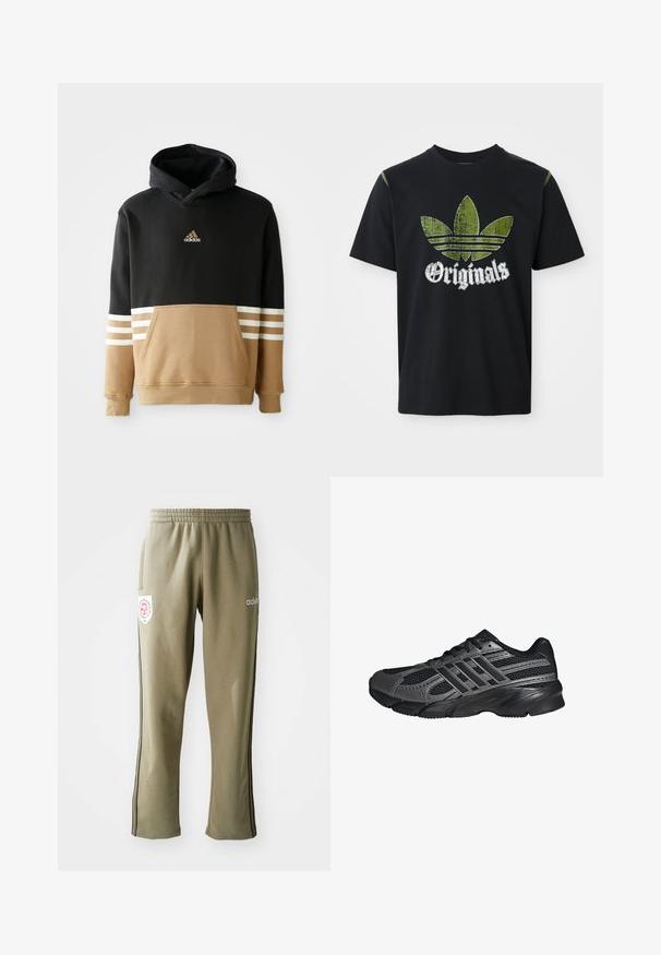 Hætte sweatshirt med sort overdel og beige underdel samt hvide stribede detaljer på ærmerne, kængurulomme og broderet logo.; Sort bomulds T-shirt med et slidt grønt grafik med tre striber og ordet "Originals" nedenfor i hvidt, rund halsudskæring, korte ærmer.; Olivenfarvede sweatpants med elastisk talje, sidelommer, sorte striber på siden og et logo-patch på låret.; Sorte træningssko lavet af mesh og syntetiske materialer, med en tekstureret overflade, flere grå striber og en polstret krave.