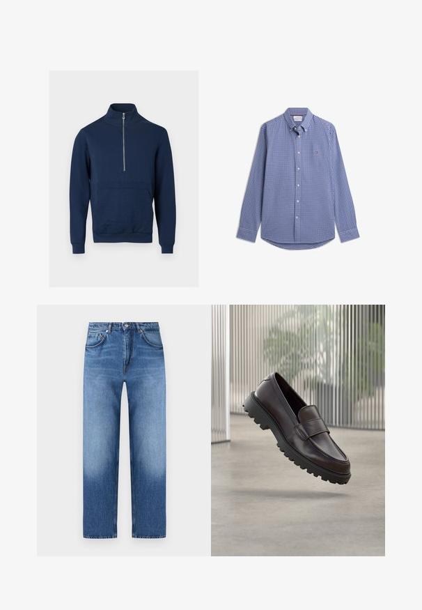 Sweat-shirt bleu marine avec un col montant et une fermeture éclair d'un quart. Présente un panneau texturé à l'avant ainsi que des poignets et un ourlet côtelés.; Chemise à petits carreaux bleus et blancs, manches longues, boutonnée, col boutonné et petit logo sur la poitrine.; Jean en denim bleu à jambes droites avec un design classique à cinq poches et une fermeture à boutons, présentant des détails subtilement délavés sur les cuisses et les genoux.; Chaussure à enfiler en cuir marron avec un bout rond et une semelle en caoutchouc noire robuste. Présente une bride décorative traversant le coup de pied.